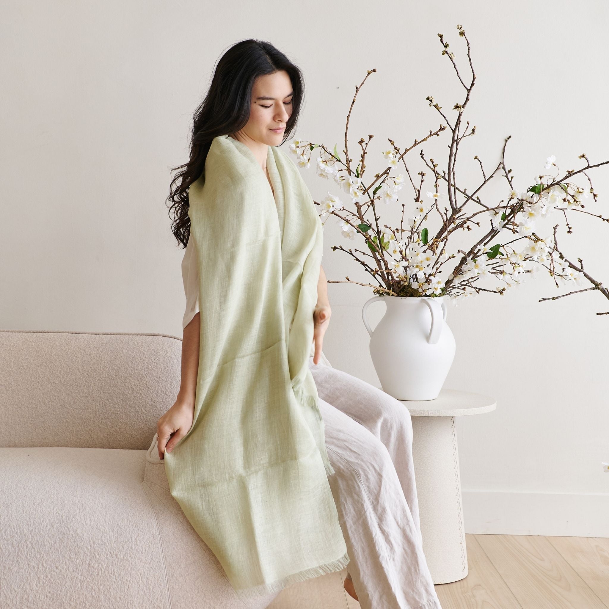 Soya Pastel Lime Green Hand Woven Soft Linen Scarf