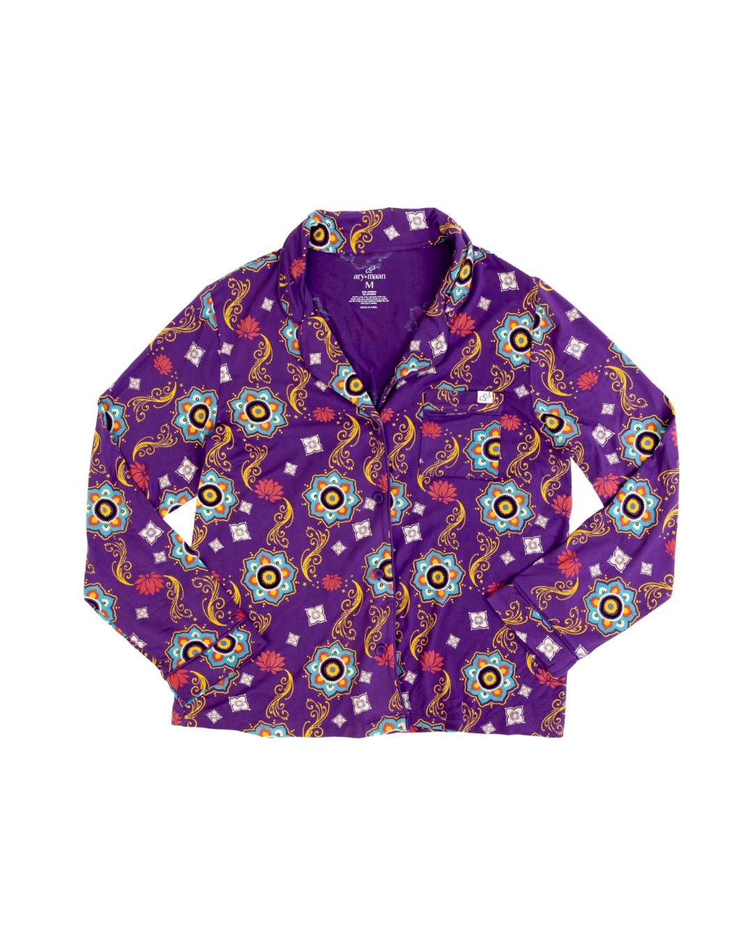 Adult Long Sleeve Button-Down Top – Purple Rangoli