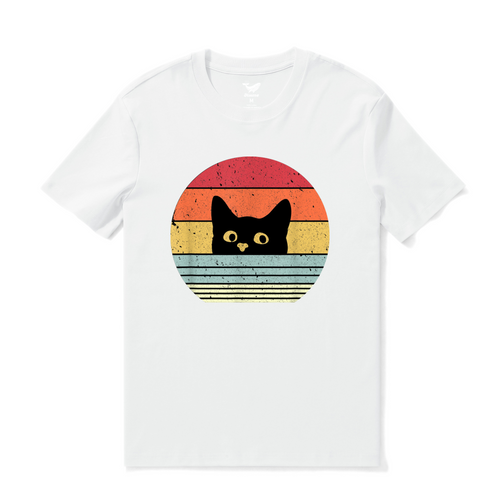 Hawaiian Tee For Men Retro Cute Cat Tee Crew Neck 100% Cotton - WHITE