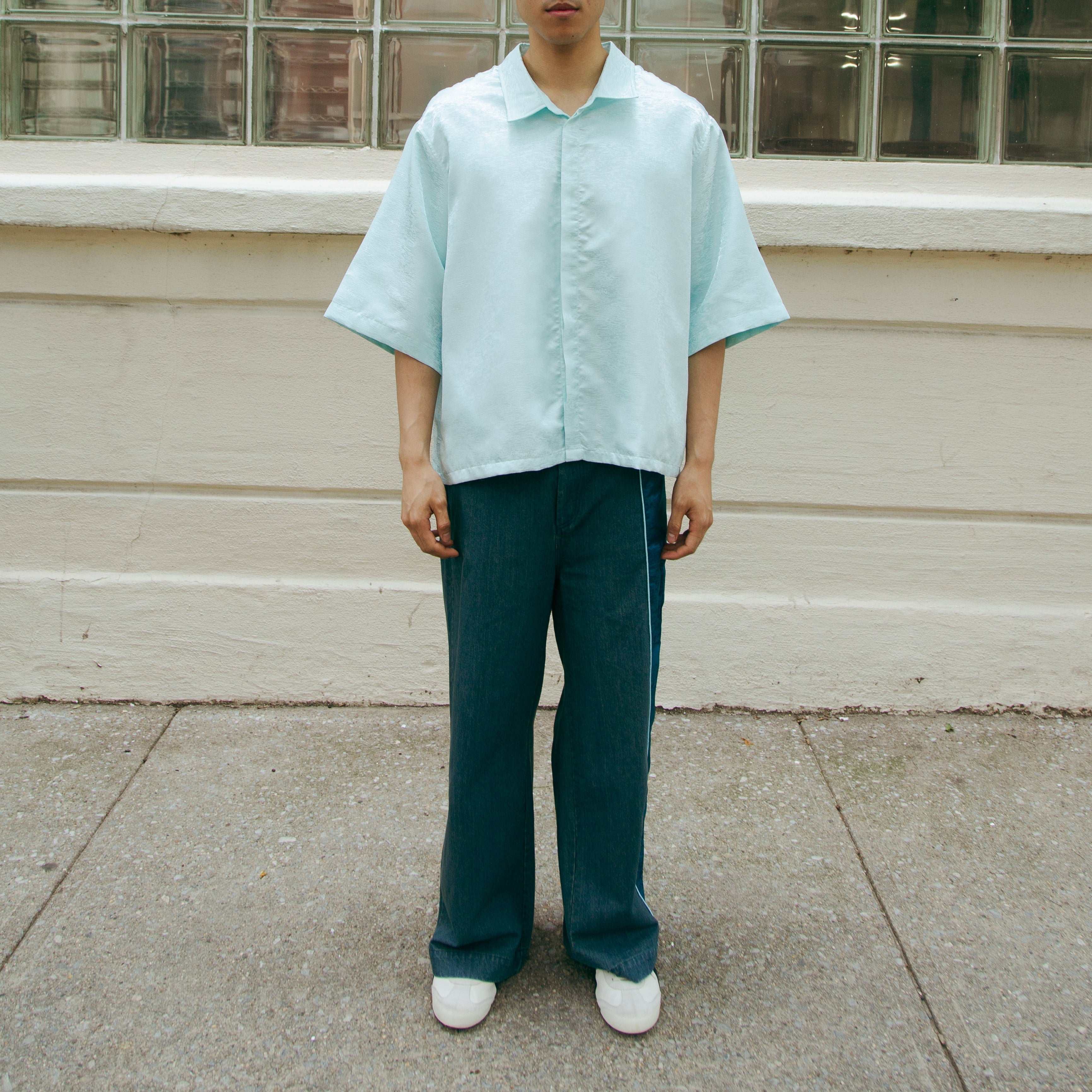 Dori Brocade Straight Collar Shirt Jade Blue