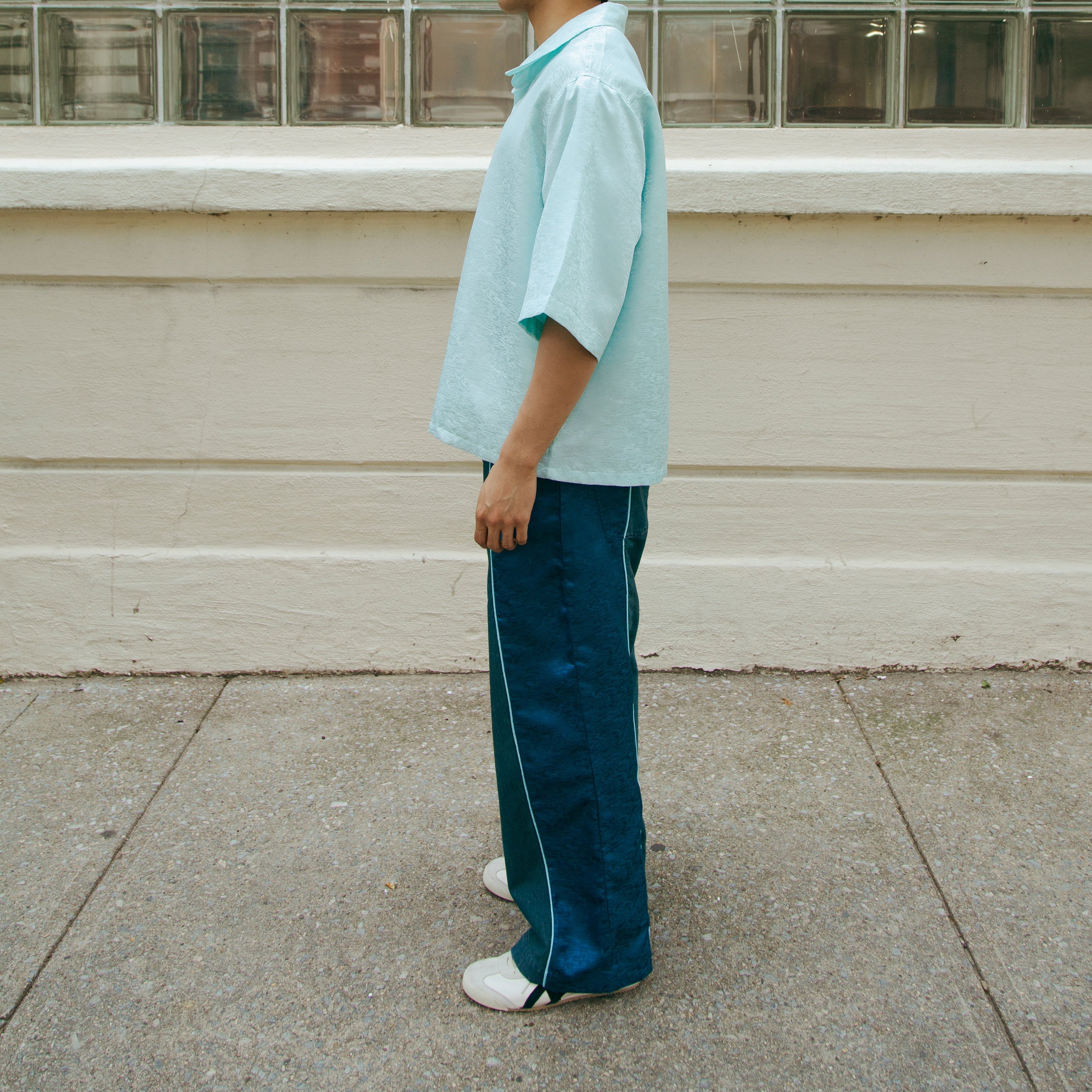 Dori Brocade Straight Collar Shirt Jade Blue