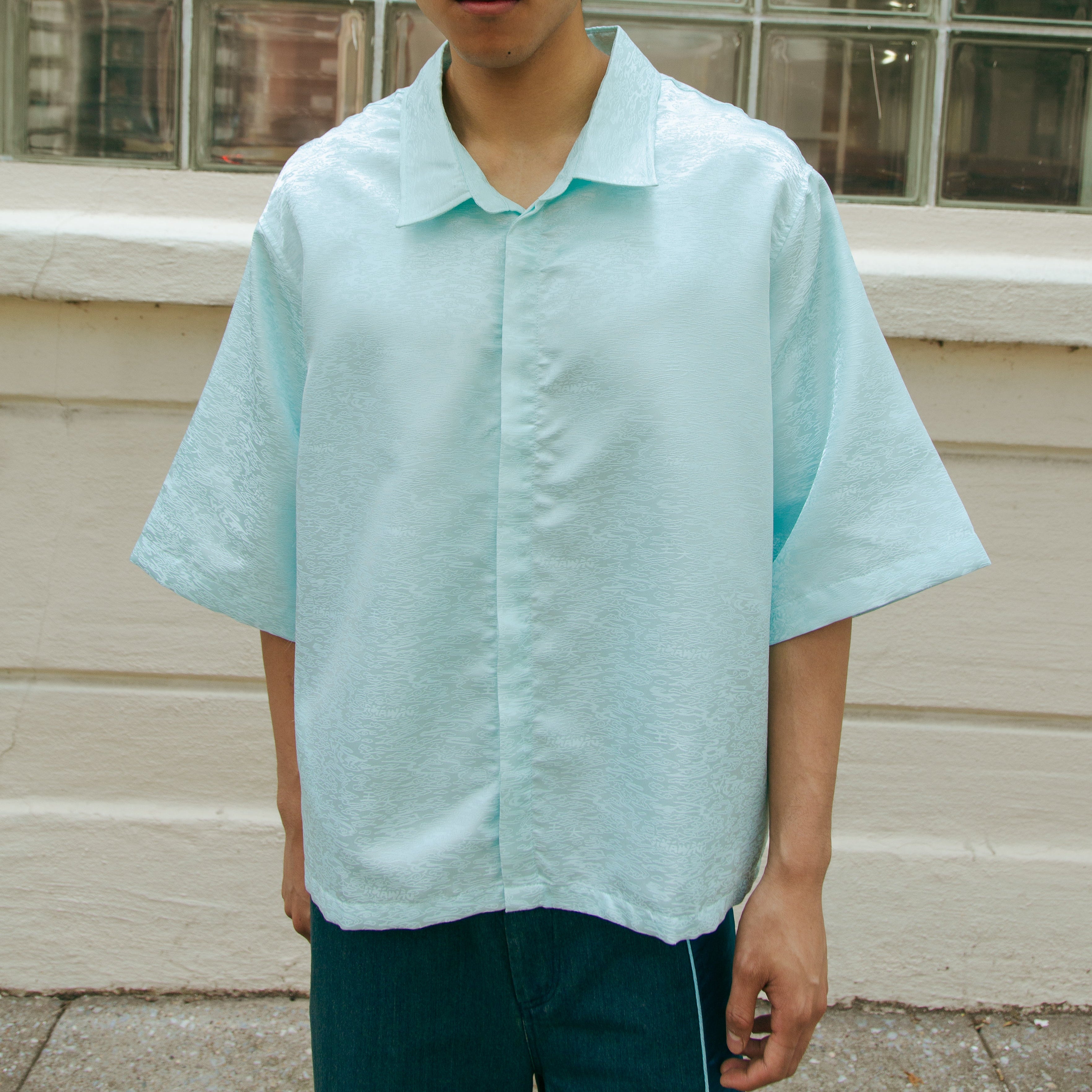 Dori Brocade Straight Collar Shirt Jade Blue