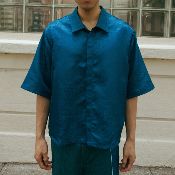 Dori Brocade Straight Collar Shirt Forest Blue