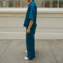 Dori Brocade Straight Collar Shirt Forest Blue