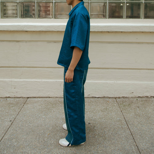 Dori Brocade Straight Collar Shirt Forest Blue