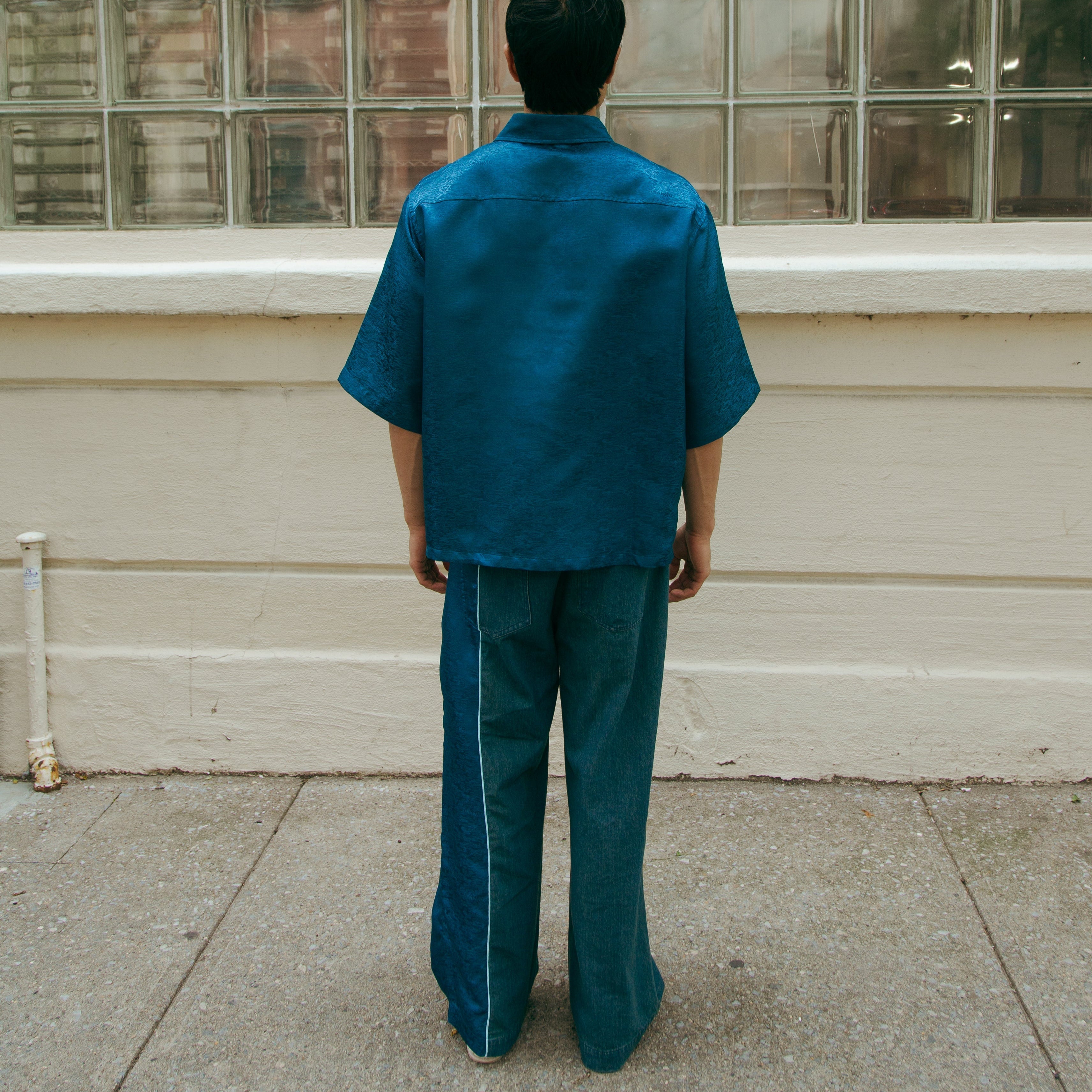 Dori Brocade Straight Collar Shirt Forest Blue