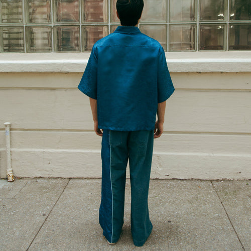Dori Brocade Straight Collar Shirt Forest Blue