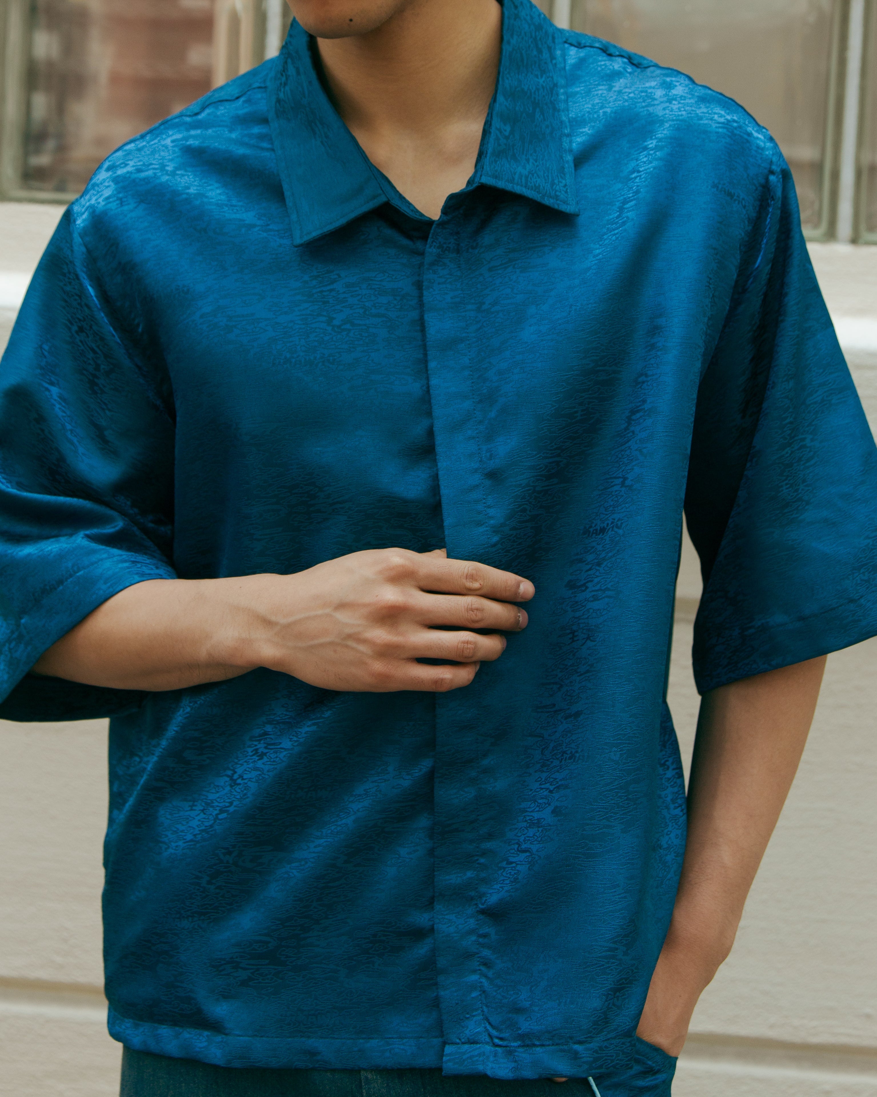 Dori Brocade Straight Collar Shirt Forest Blue