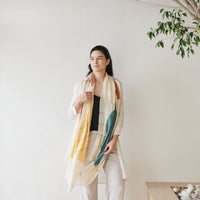 Cirq Moon Off White Multi Color Circle Pattern Hand Embroidered  Linen Silk Handloom Scarf