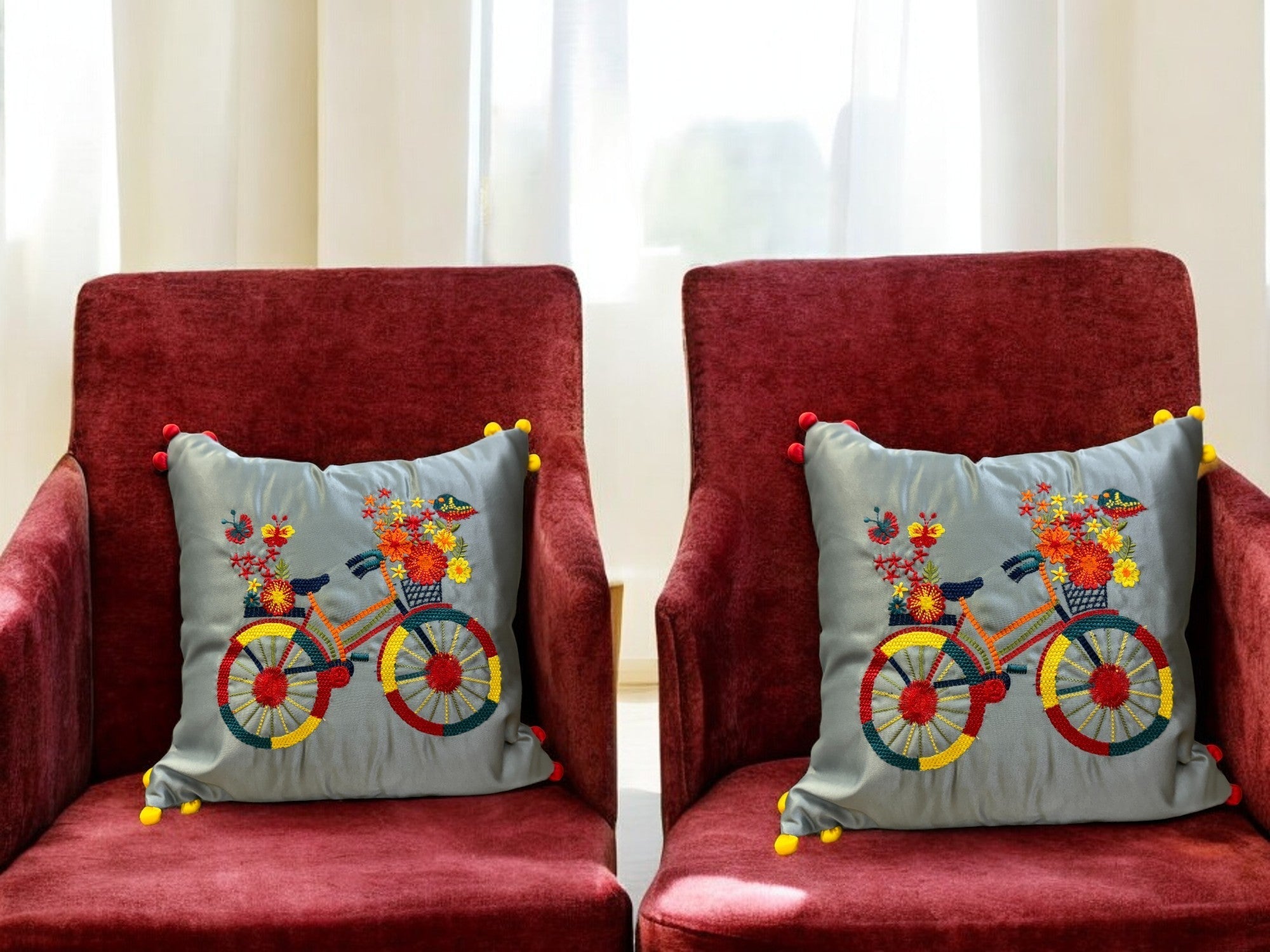 Satin Cushion or Pillow Cover with Cycle Embroidery & Satin Pompom on Sides, Set of 2