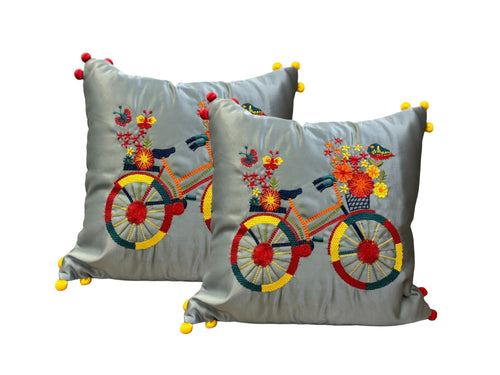 Satin Cushion or Pillow Cover with Cycle Embroidery & Satin Pompom on Sides, Set of 2