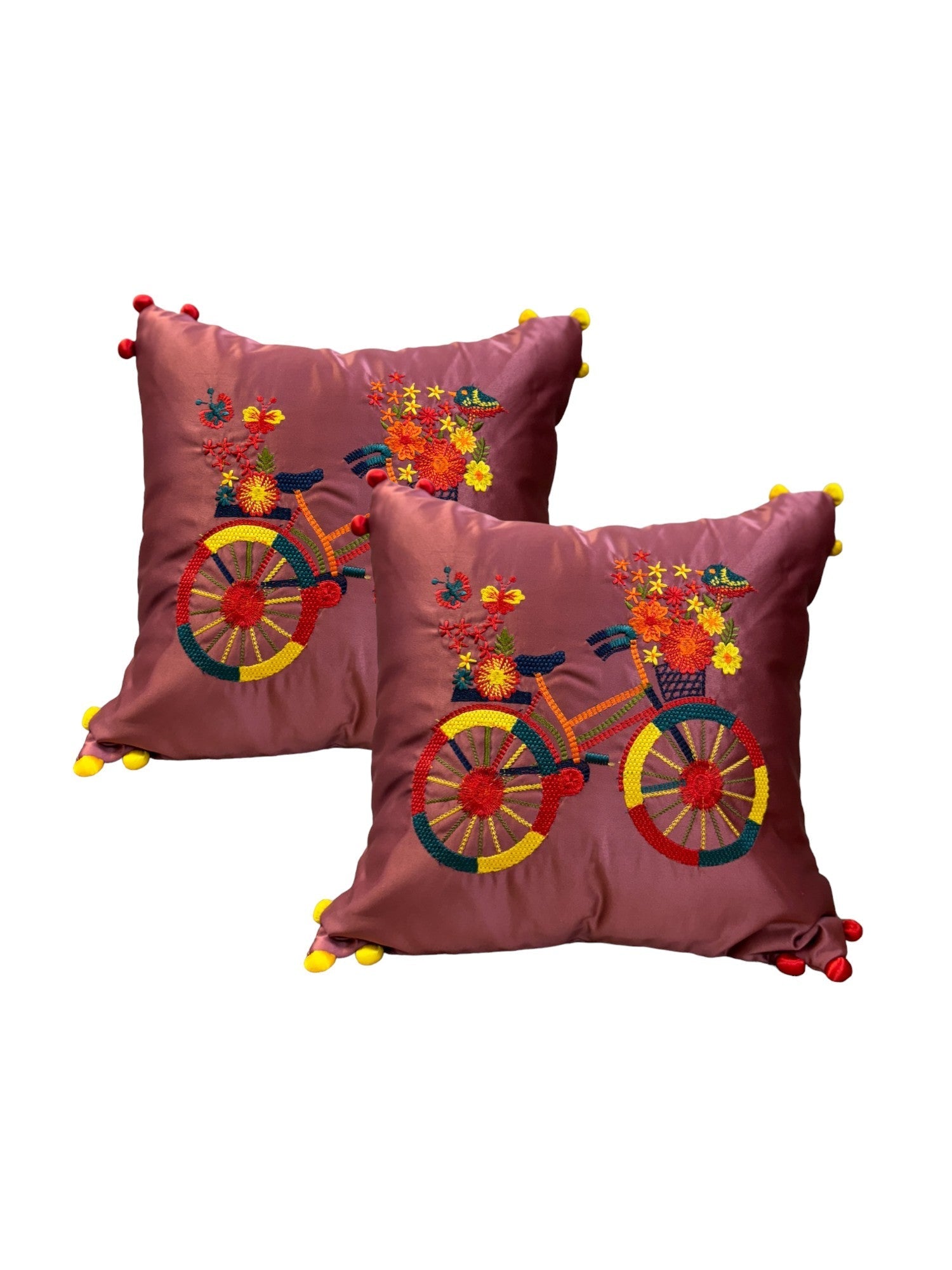 Satin Cushion or Pillow Cover with Cycle Embroidery & Satin Pompom on Sides, Set of 2