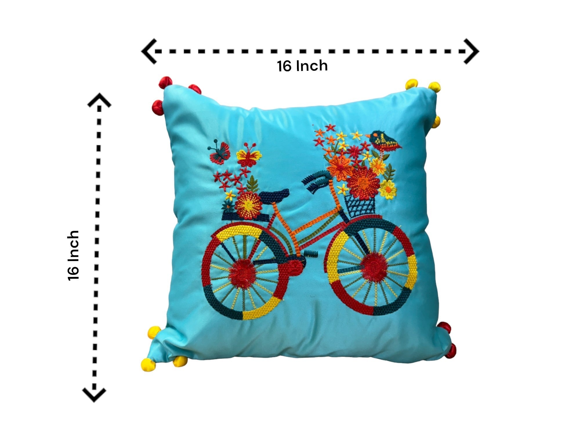 Satin Cushion or Pillow Cover with Cycle Embroidery & Satin Pompom on Sides, Set of 2
