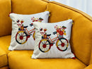 Satin Cushion or Pillow Cover with Cycle Embroidery & Satin Pompom on Sides, Set of 2