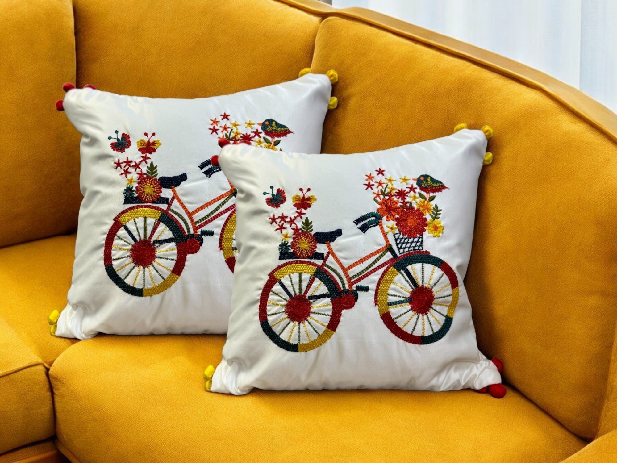 Satin Cushion or Pillow Cover with Cycle Embroidery & Satin Pompom on Sides, Set of 2