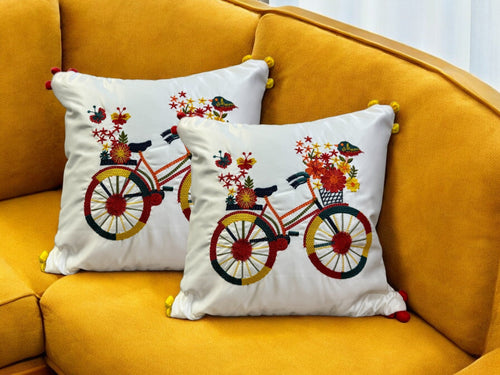 Satin Cushion or Pillow Cover with Cycle Embroidery & Satin Pompom on Sides, Set of 2