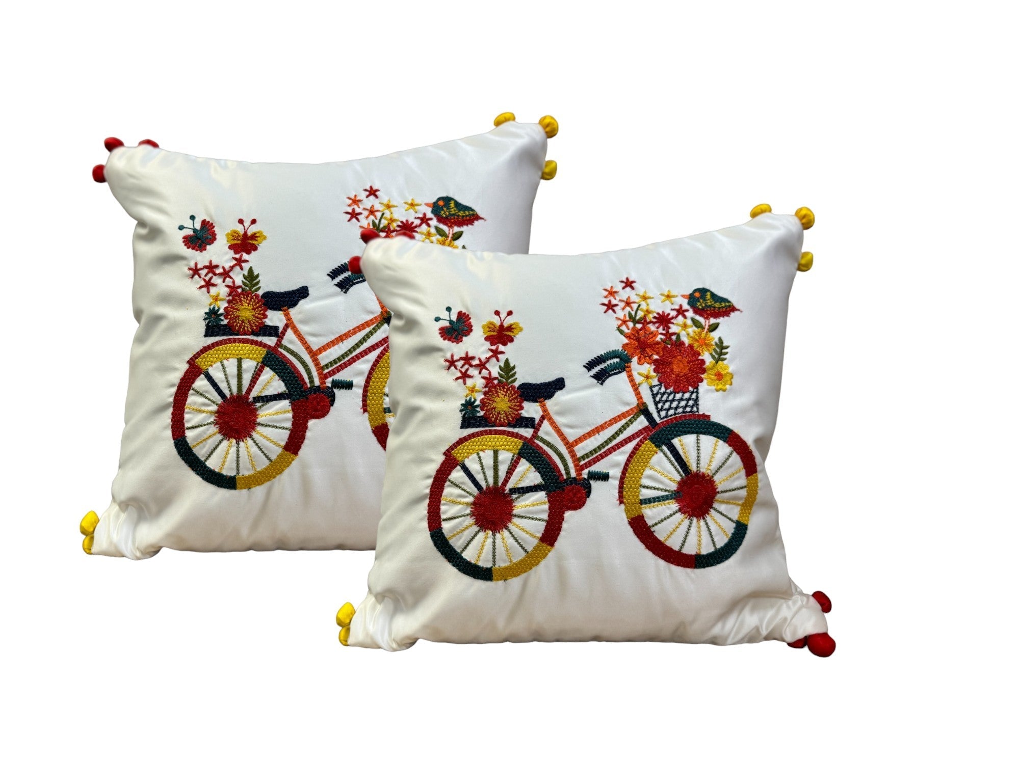 Satin Cushion or Pillow Cover with Cycle Embroidery & Satin Pompom on Sides, Set of 2