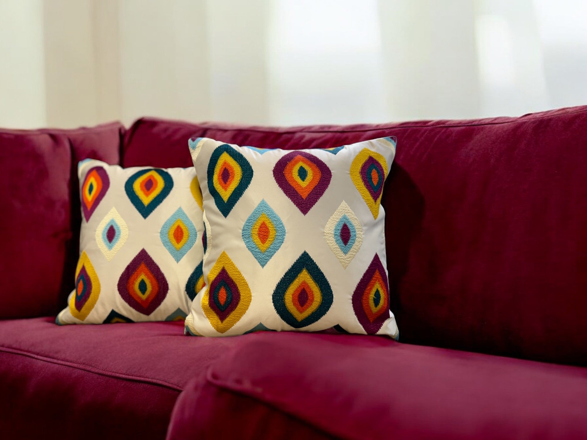 Satin Cushion or Pillow Cover with Eye Embroidery, Set of 2
