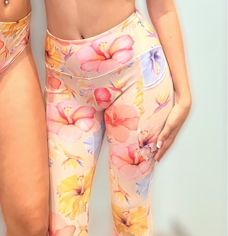 Sandy Watercolor Hibiscus Recycled Leggings