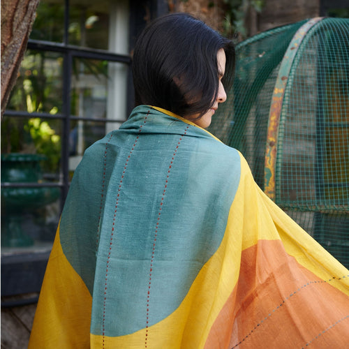 Cirq Sun Yellow Multicolor Modern Artisan Linen Silk Scarf