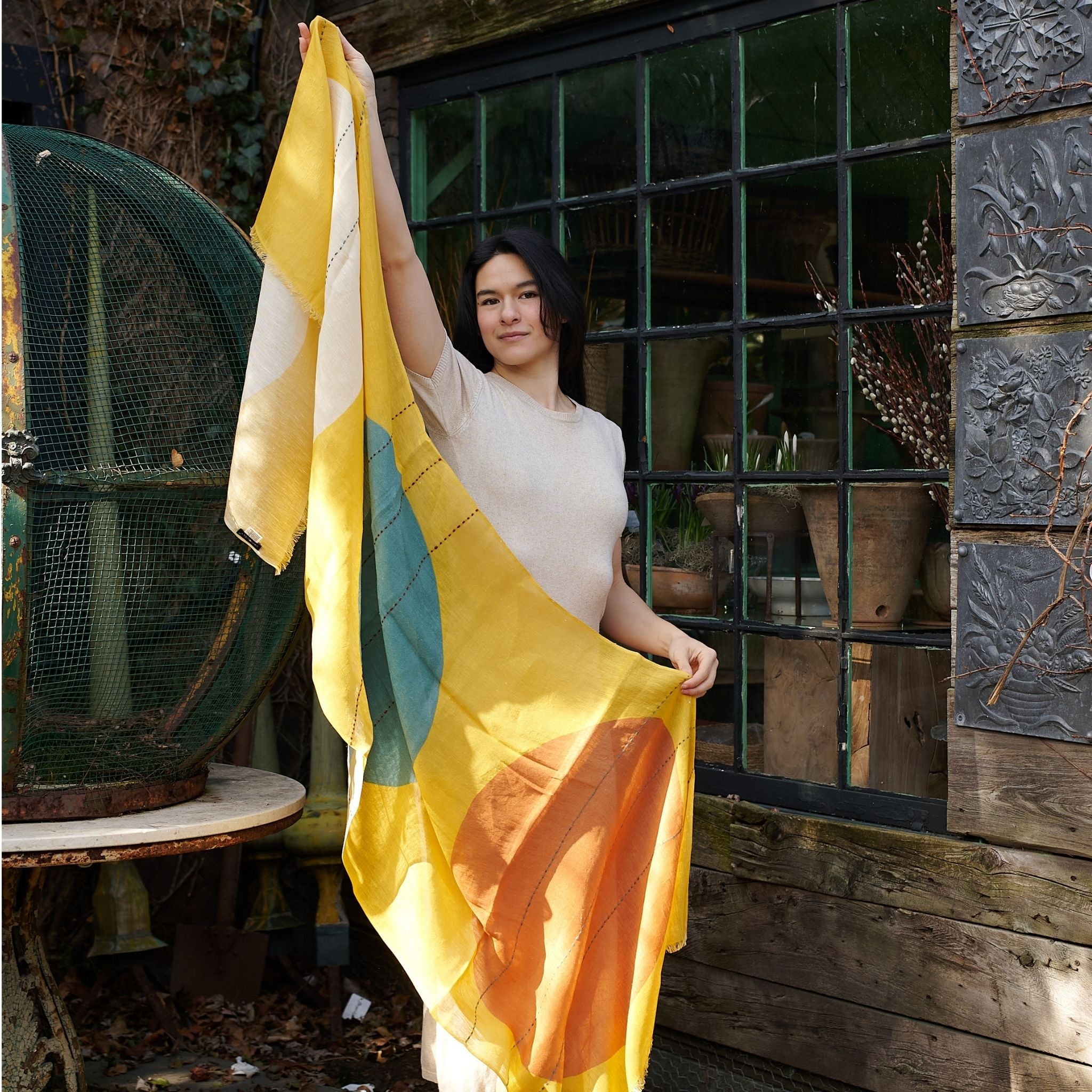 Cirq Sun Yellow Multicolor Modern Artisan Linen Silk Scarf