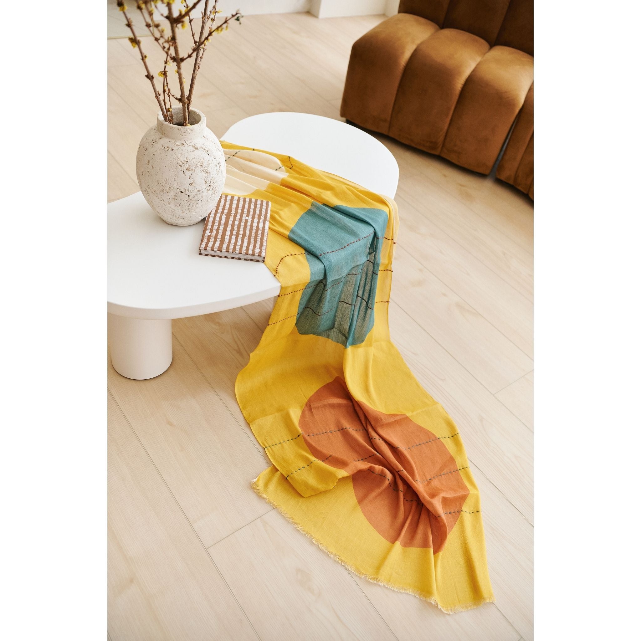 Cirq Sun Yellow Green Circle Pattern Hand Embroidered  Linen Silk Handloom Scarf