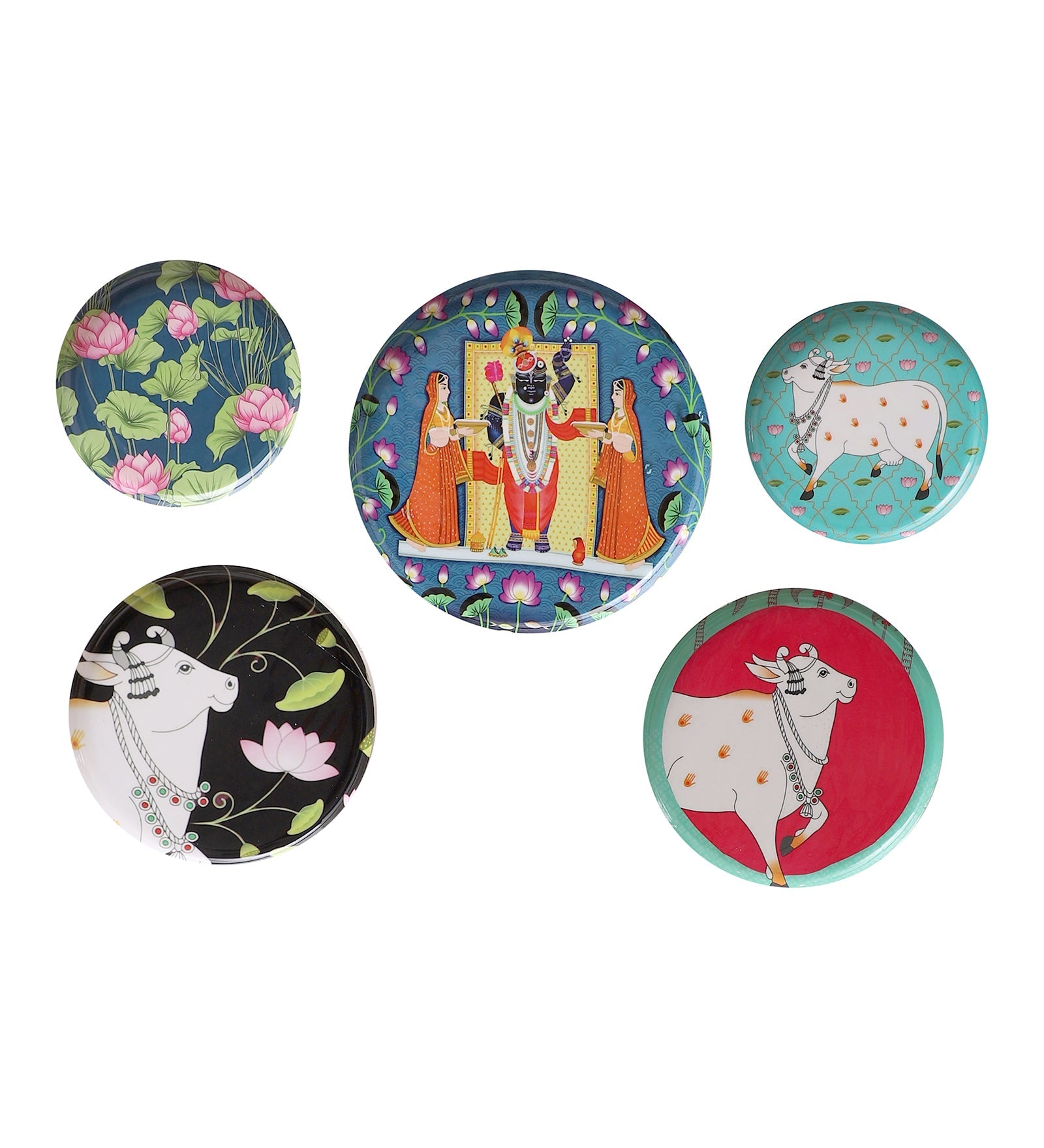 Set of 5 - Round Metal & Meena Wall Plates