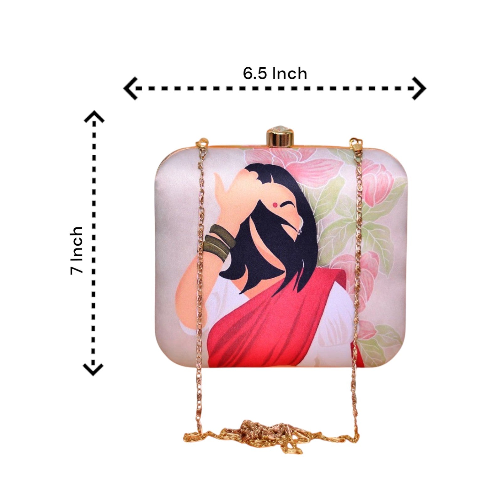 Indian Ethnic Designer Beige Clutch with Portrait of Women with Pink Saree