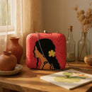 Indian Ethnic Designer Red Clutch with Portrait of Women with Curly Hair