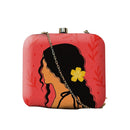 Indian Ethnic Designer Red Clutch with Portrait of Women with Curly Hair