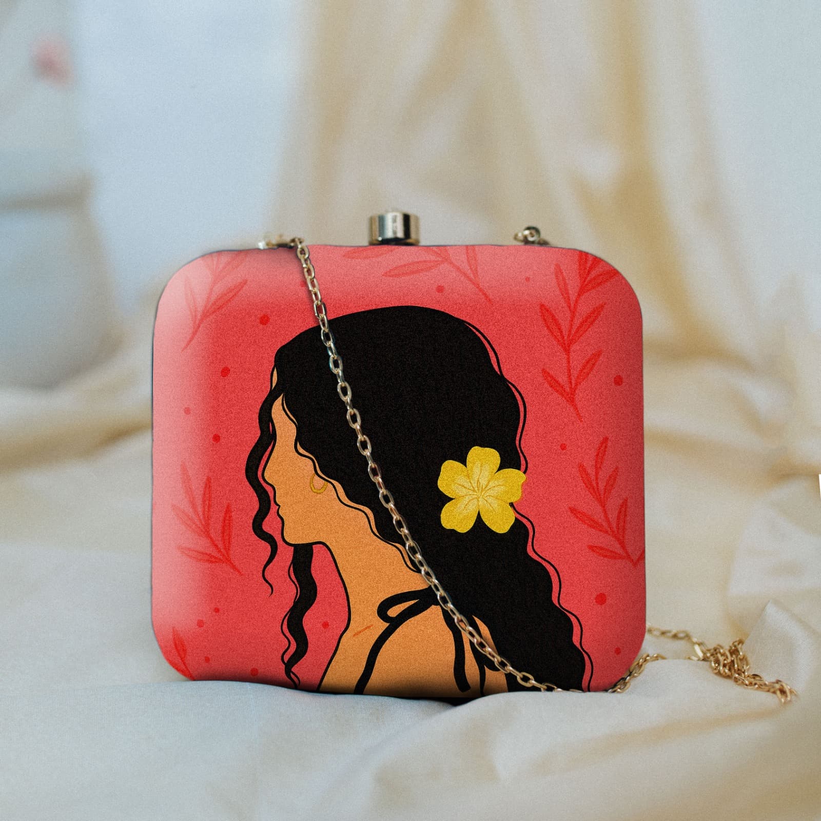 Indian Ethnic Designer Red Clutch with Portrait of Women with Curly Hair