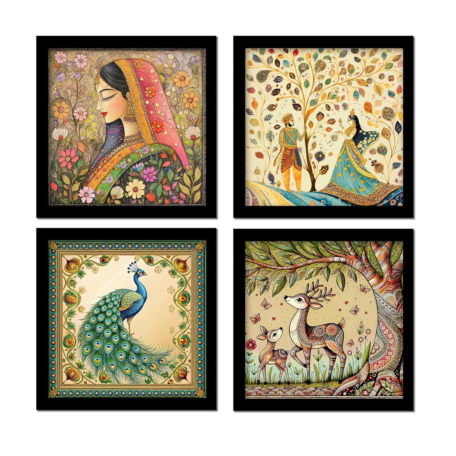Set of 4 Art Framed Painting For Home, Living Room, Hall | Traditional Rajasthani Pichwai Art Paintings With Frame For Home Decor