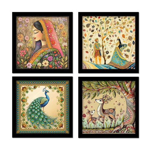 Set of 4 Art Framed Painting For Home, Living Room, Hall | Traditional Rajasthani Pichwai Art Paintings With Frame For Home Decor