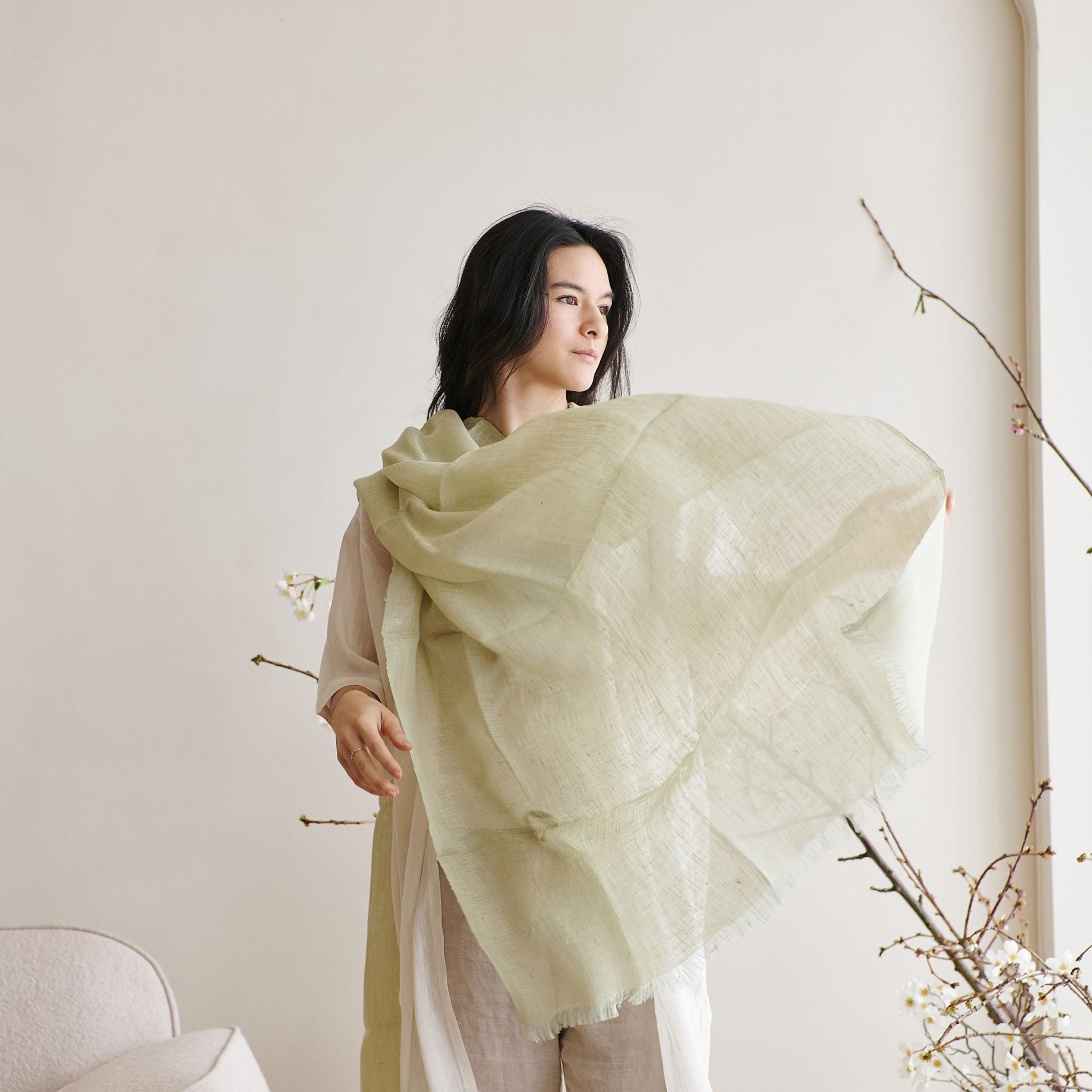Soya Pastel Lime Green Hand Woven Soft Linen Scarf