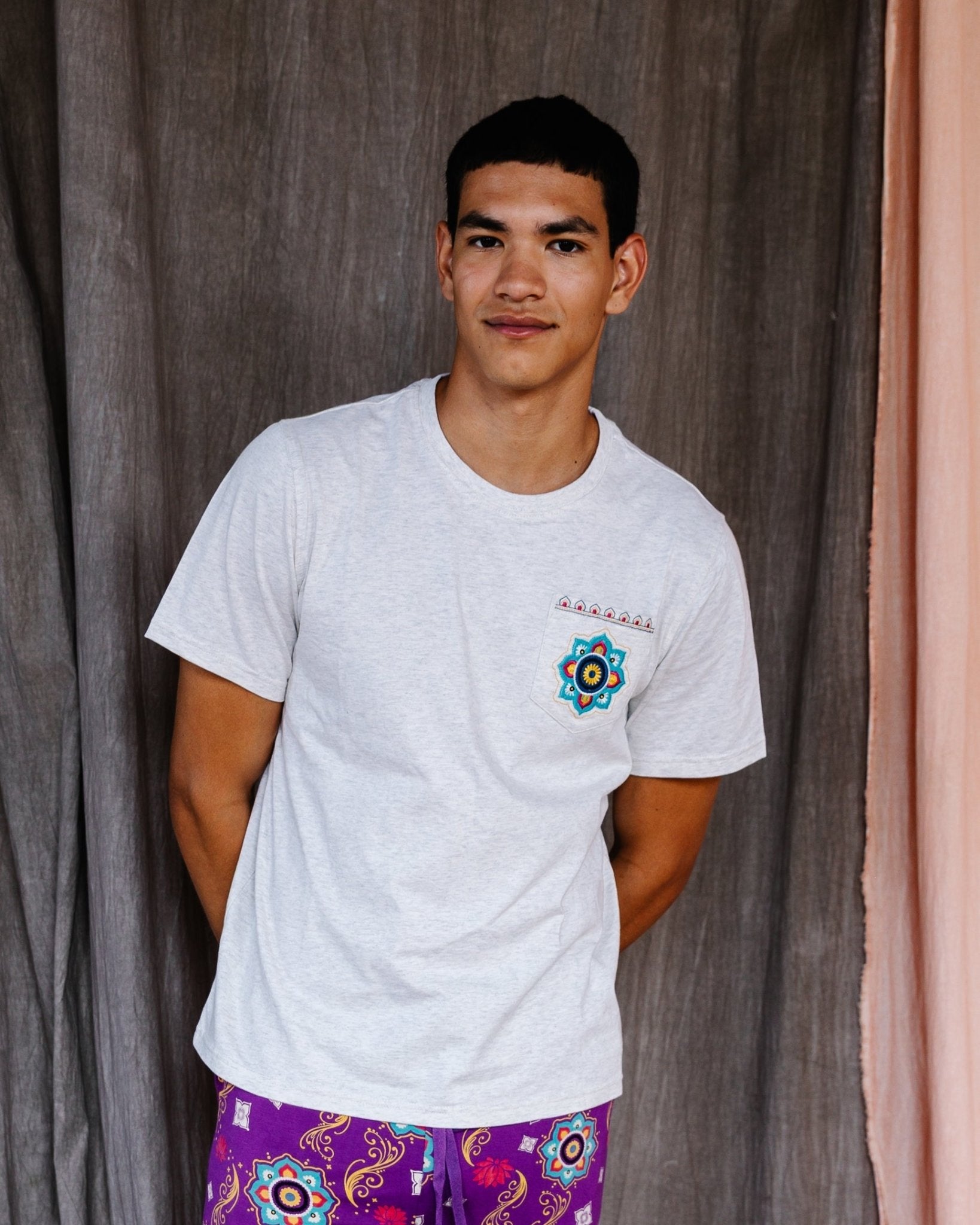 Adult Short Sleeve Pocket Tee – Purple Rangoli