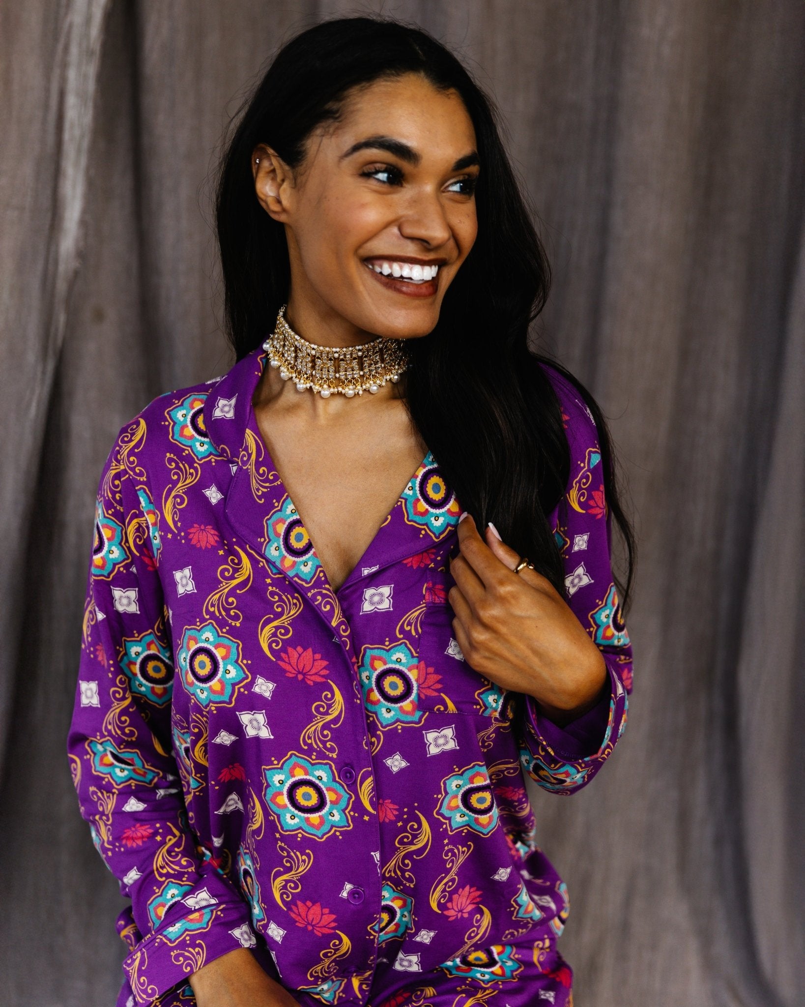 Adult Long Sleeve Button - Down Top – Purple Rangoli - Cultr. by Created for Culture asianowned aapimarketplace asianownedkids asianownedkidsproducts asianownedbrands