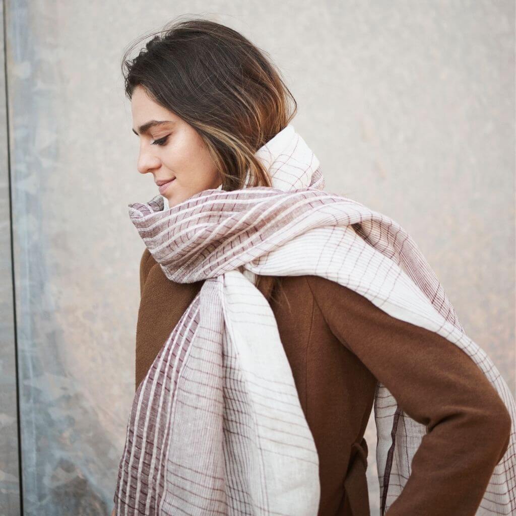Auro White Striped Pattern Modern Artisan Handwoven Linen Scarf