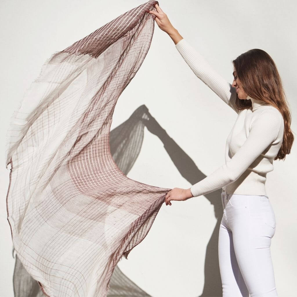 Auro White Striped Pattern Modern Artisan Handwoven Linen Scarf