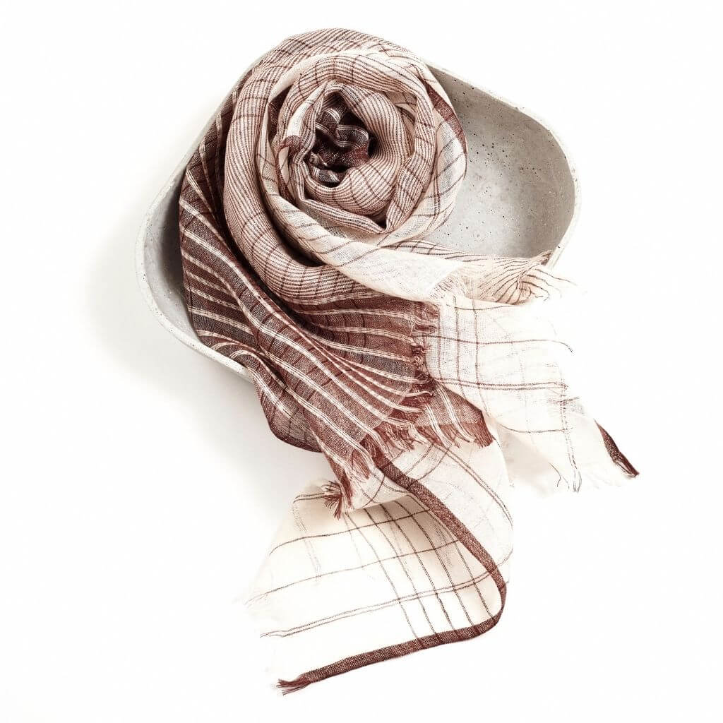 Auro White Striped Pattern Modern Artisan Handwoven Linen Scarf