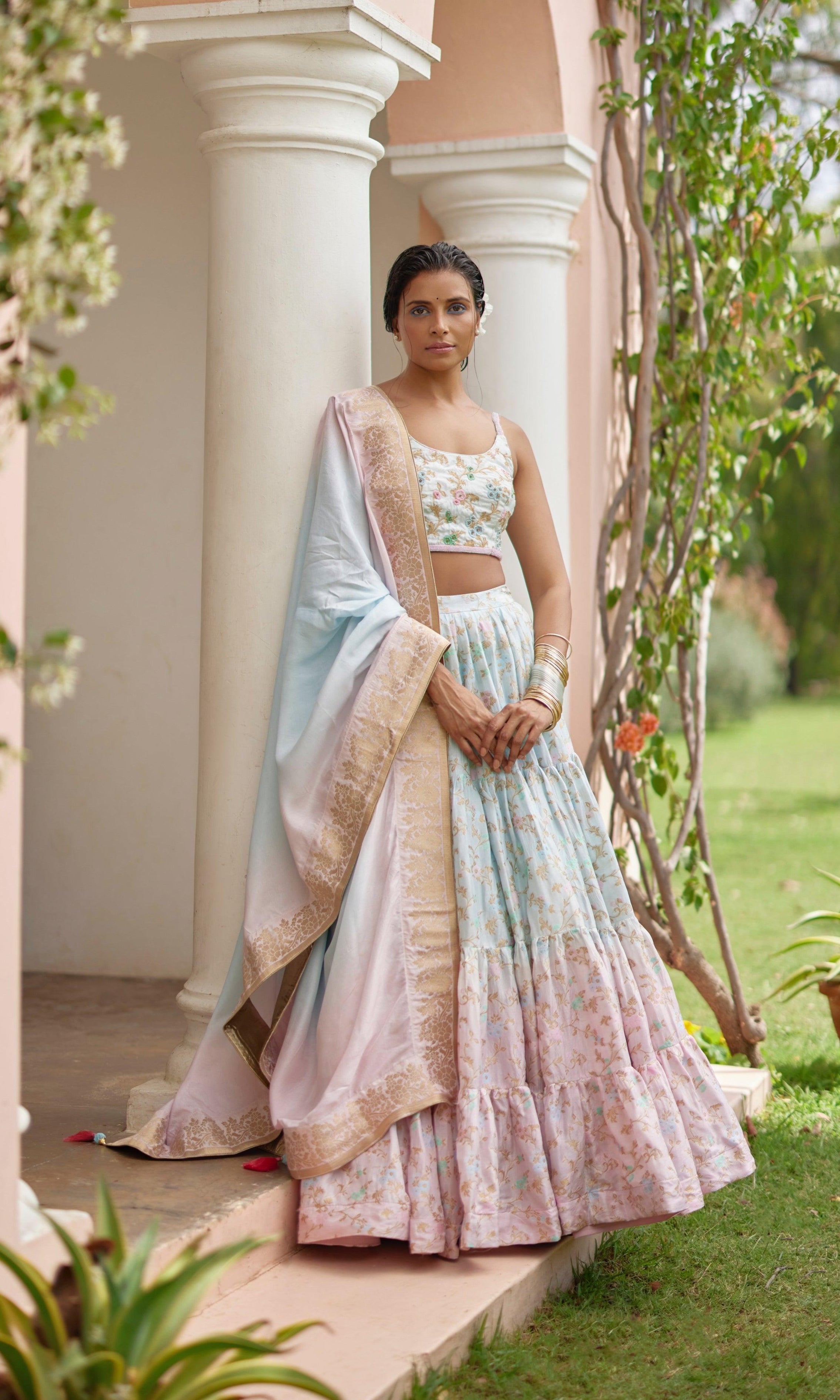 Banarasi Silk Tie Dye Lehenga with Hand Embroidered Blouse