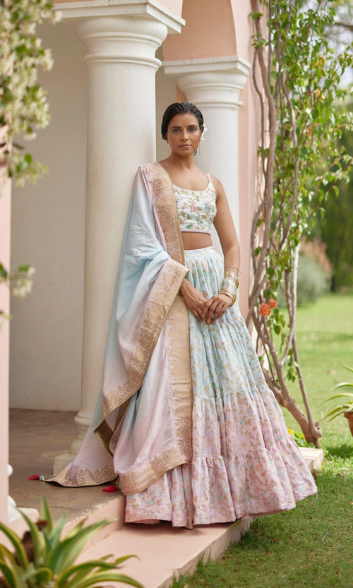 Banarasi Silk Tie Dye Lehenga with Hand Embroidered Blouse