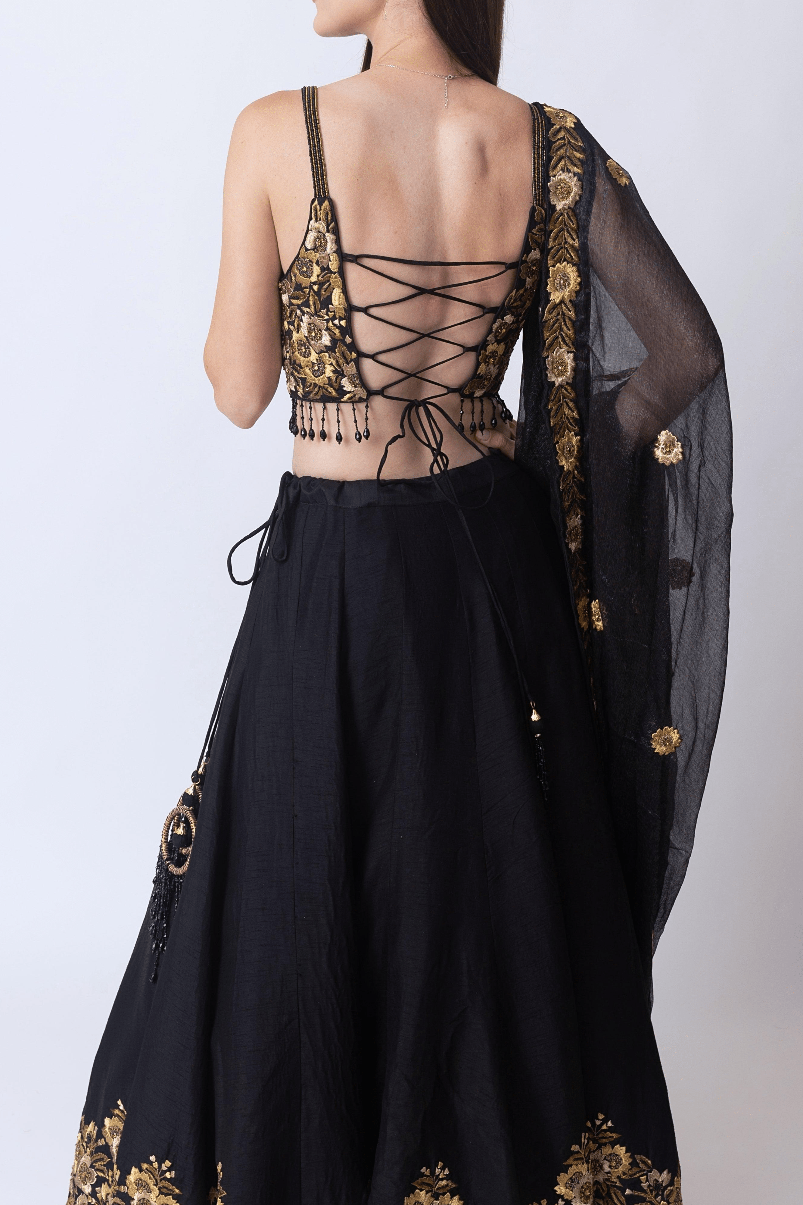 Black Floral Hand Embroidered Lehenga Choli Set