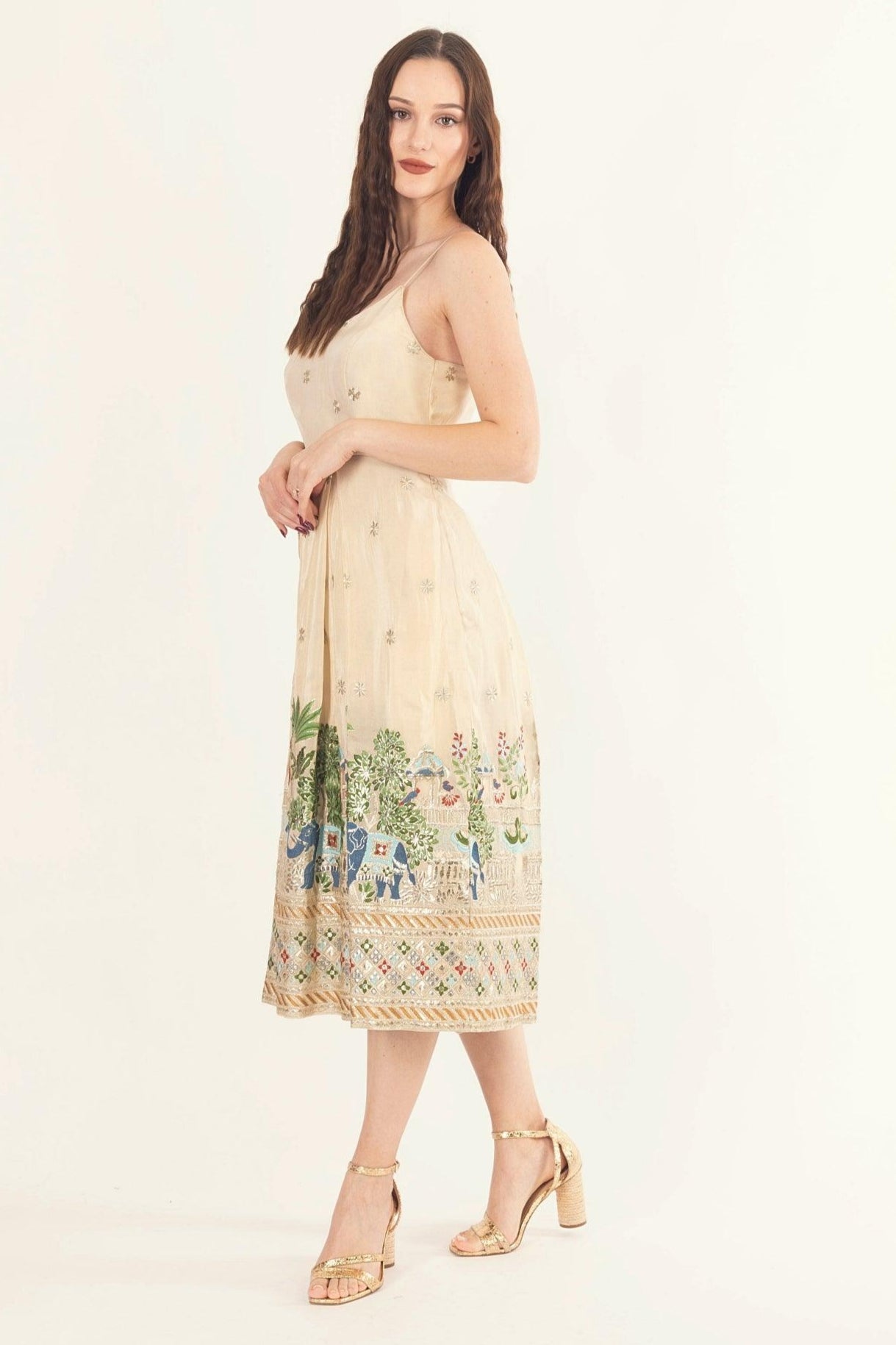 Blanche Beige Midi Dress with Embroidery