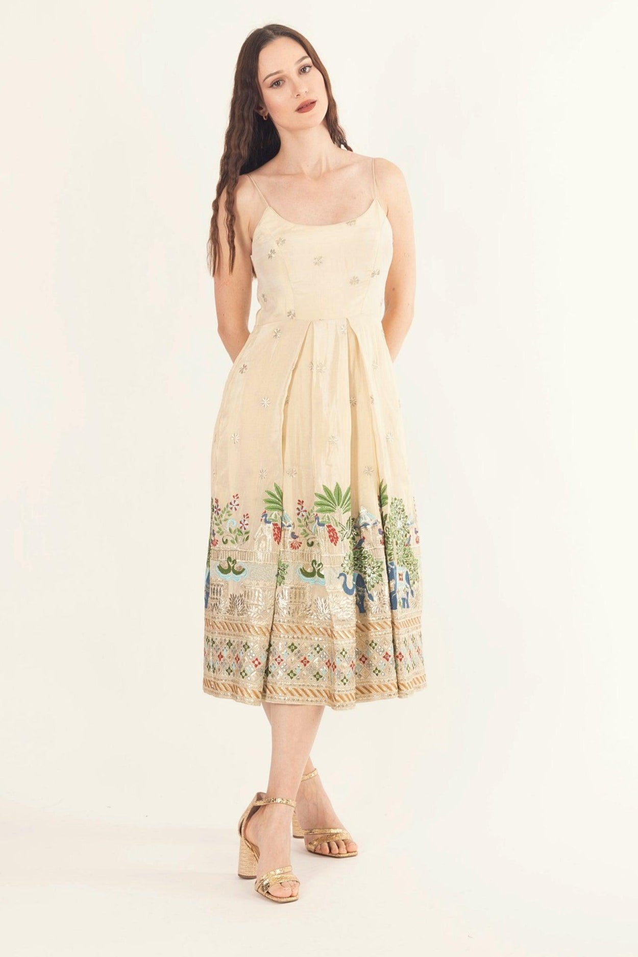 Blanche Beige Midi Dress with Embroidery
