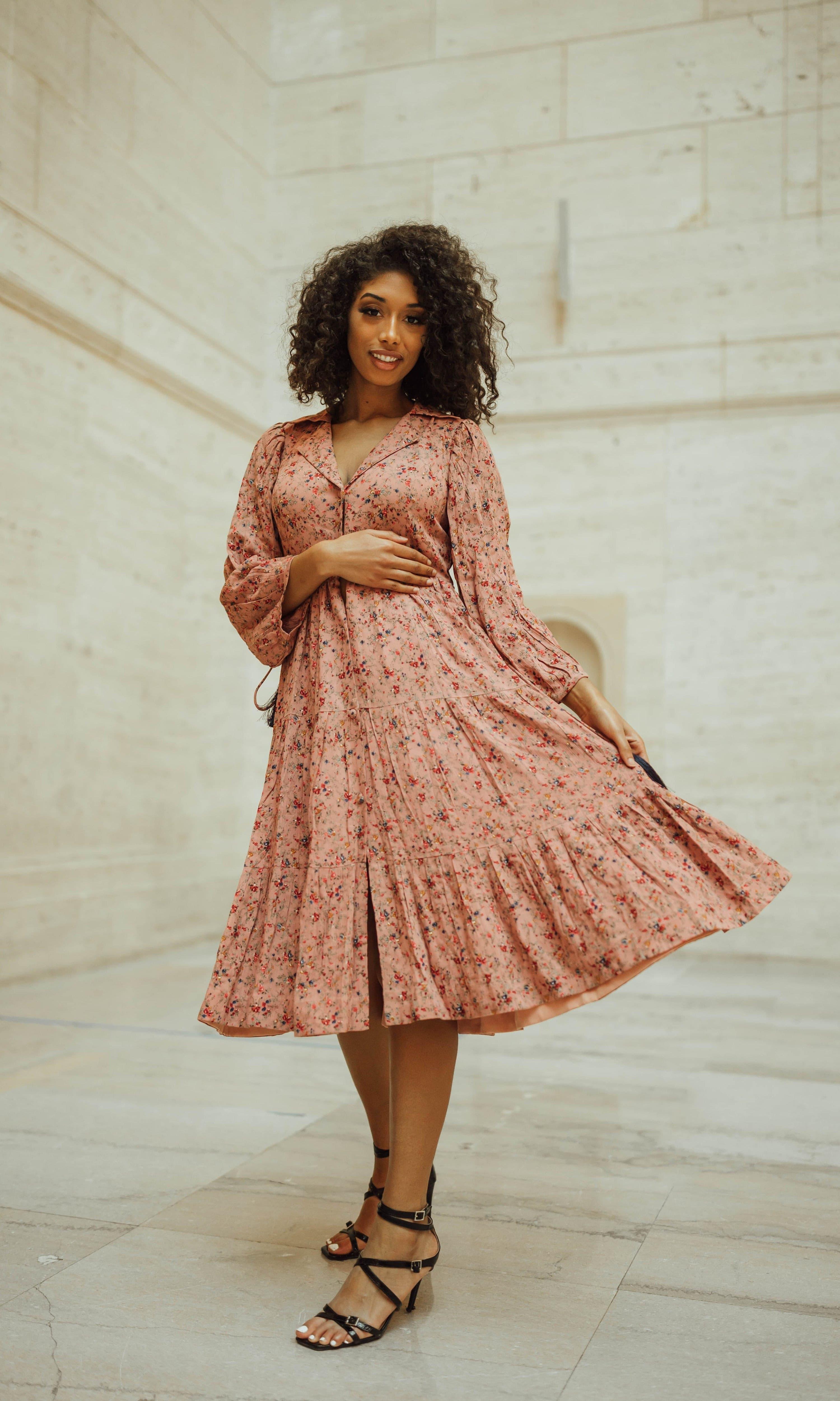 Brown Tiered Floral Midi Dress