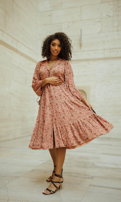 Brown Tiered Floral Midi Dress