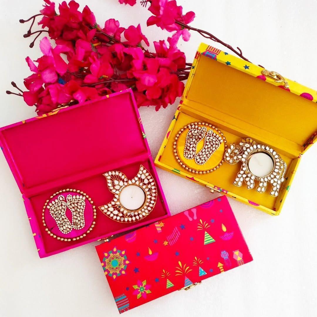 Auspicious Return Gifts for Indian Celebrations - Combo of Laxmi Charan & Mirror Diya in Brocade Print Gift Box