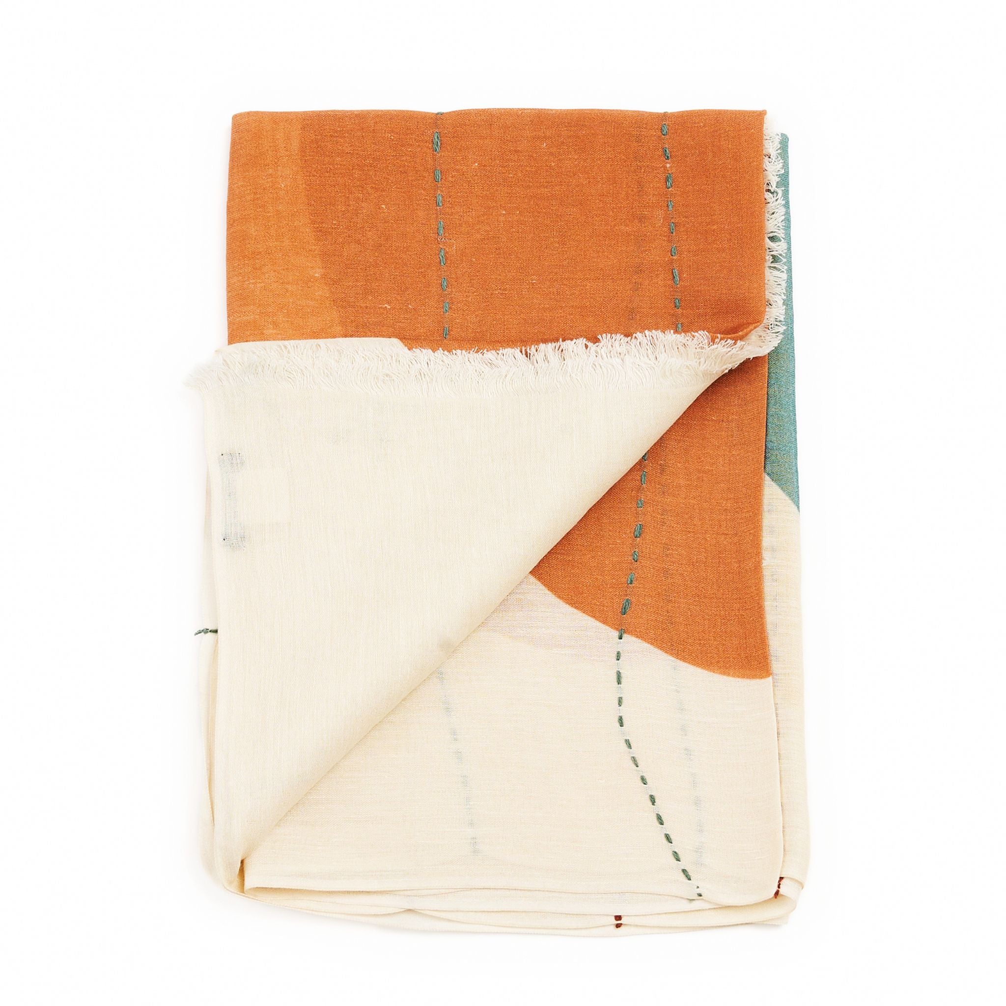 Cirq Sun Yellow Green Circle Pattern Hand Embroidered  Linen Silk Handloom Scarf