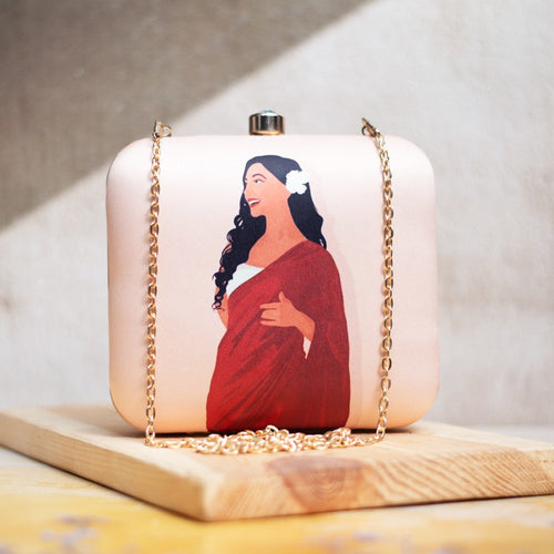 Lady in Red Sari with Flower in Long Hair Portrait Clutch