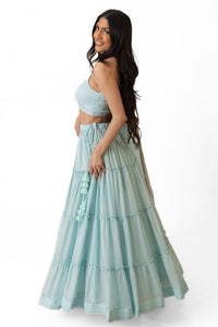 Elvia Sky Blue Shimmer Tiered Lehenga Choli Set with Gold Accents